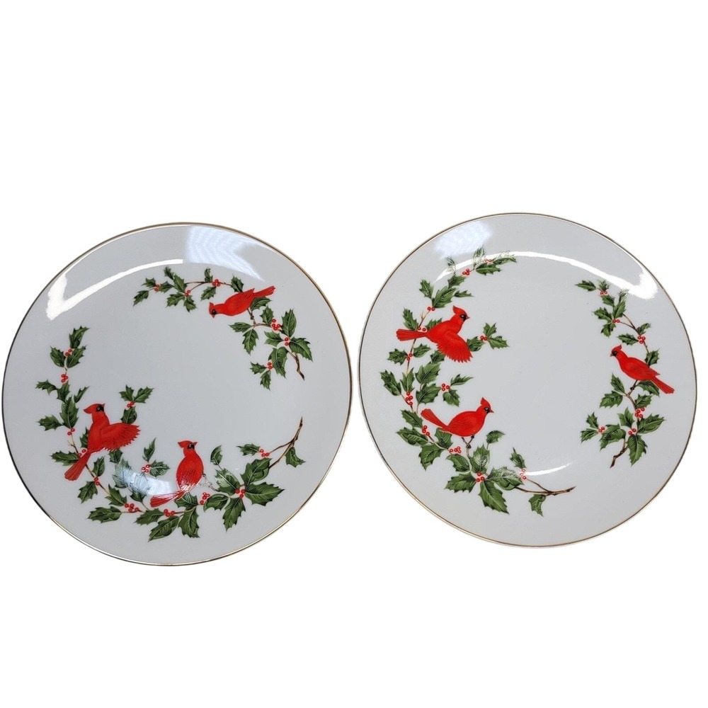2 Lefton China Cardinal Holly Dessert Plate 1984 Christmas‎ Decor Bird 4533 Vtg